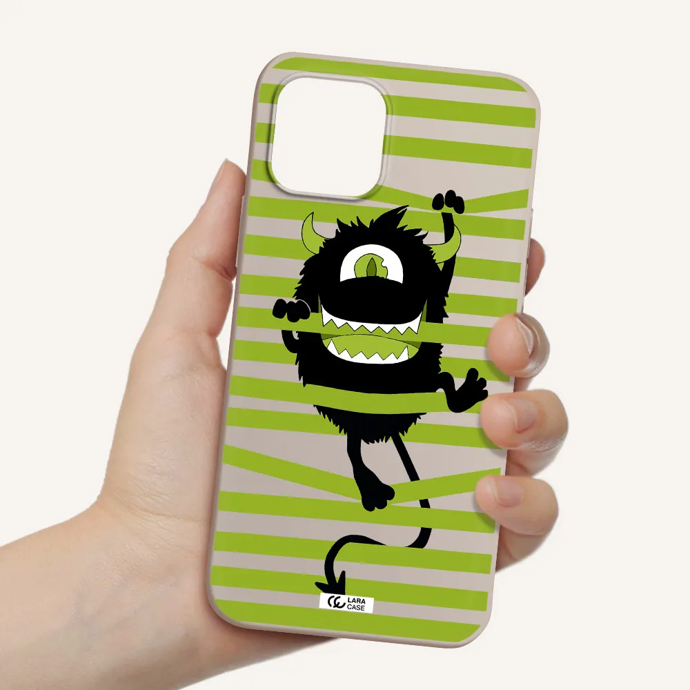 a black monster with horns and green stripes Apple iPhone 12 mini Silicone Stone Case