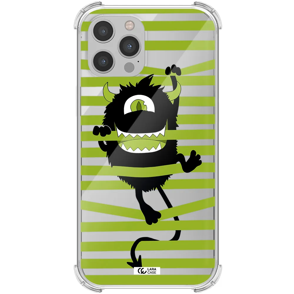 a black monster with horns and green stripes Apple iPhone 12 pro Clear PC Case