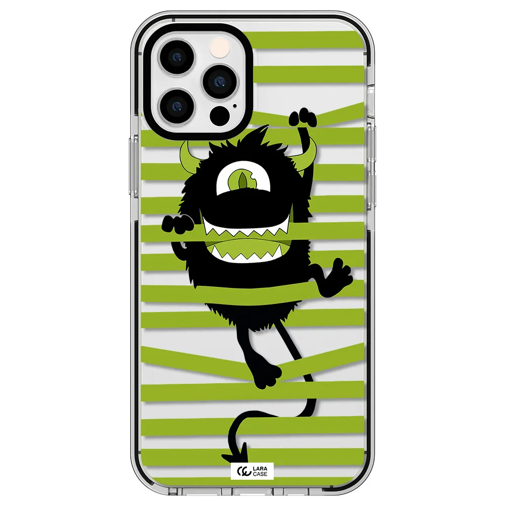 a black monster with horns and green stripes Apple iPhone 12 pro impact black border Case