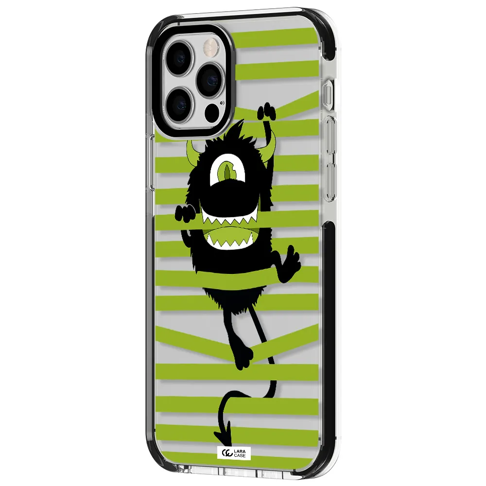 a black monster with horns and green stripes Apple iPhone 12 pro impact black border Case