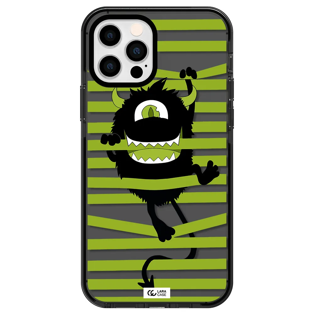 a black monster with horns and green stripes Apple iPhone 12 pro impact Smoke Black Case