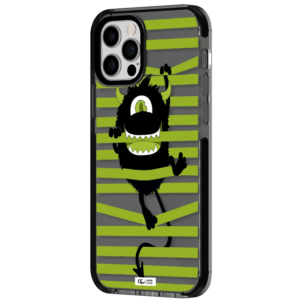 a black monster with horns and green stripes Apple iPhone 12 pro impact Smoke Black Case