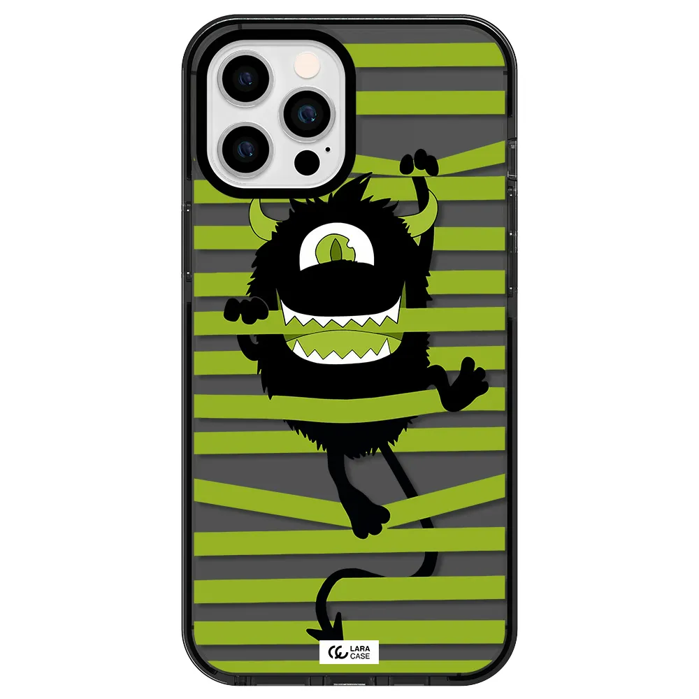a black monster with horns and green stripes Apple iPhone 12 pro max impact Smoke Black Case