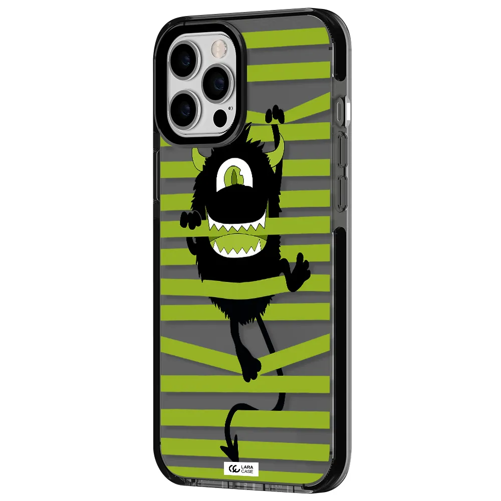 a black monster with horns and green stripes Apple iPhone 12 pro max impact Smoke Black Case