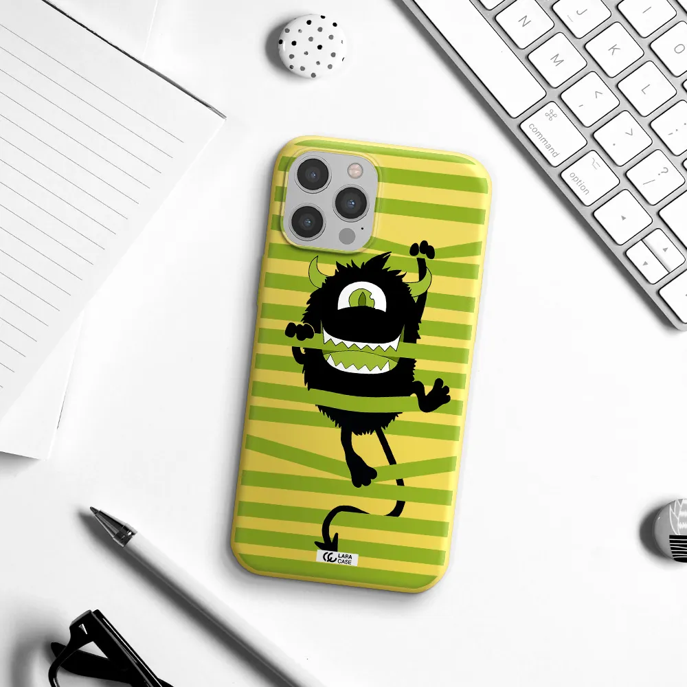 a black monster with horns and green stripes Apple iPhone 12 pro max Silicone canary yellow Case