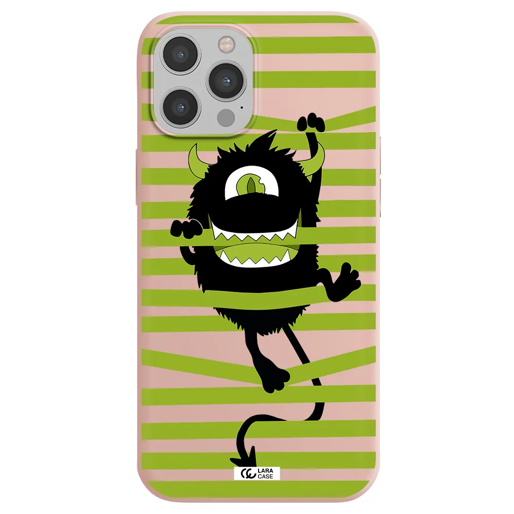 a black monster with horns and green stripes Apple iPhone 12 pro max Silicone pastel pink Case