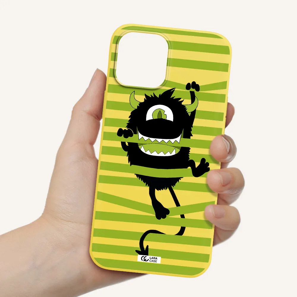 a black monster with horns and green stripes Apple iPhone 12 pro Silicone canary yellow Case