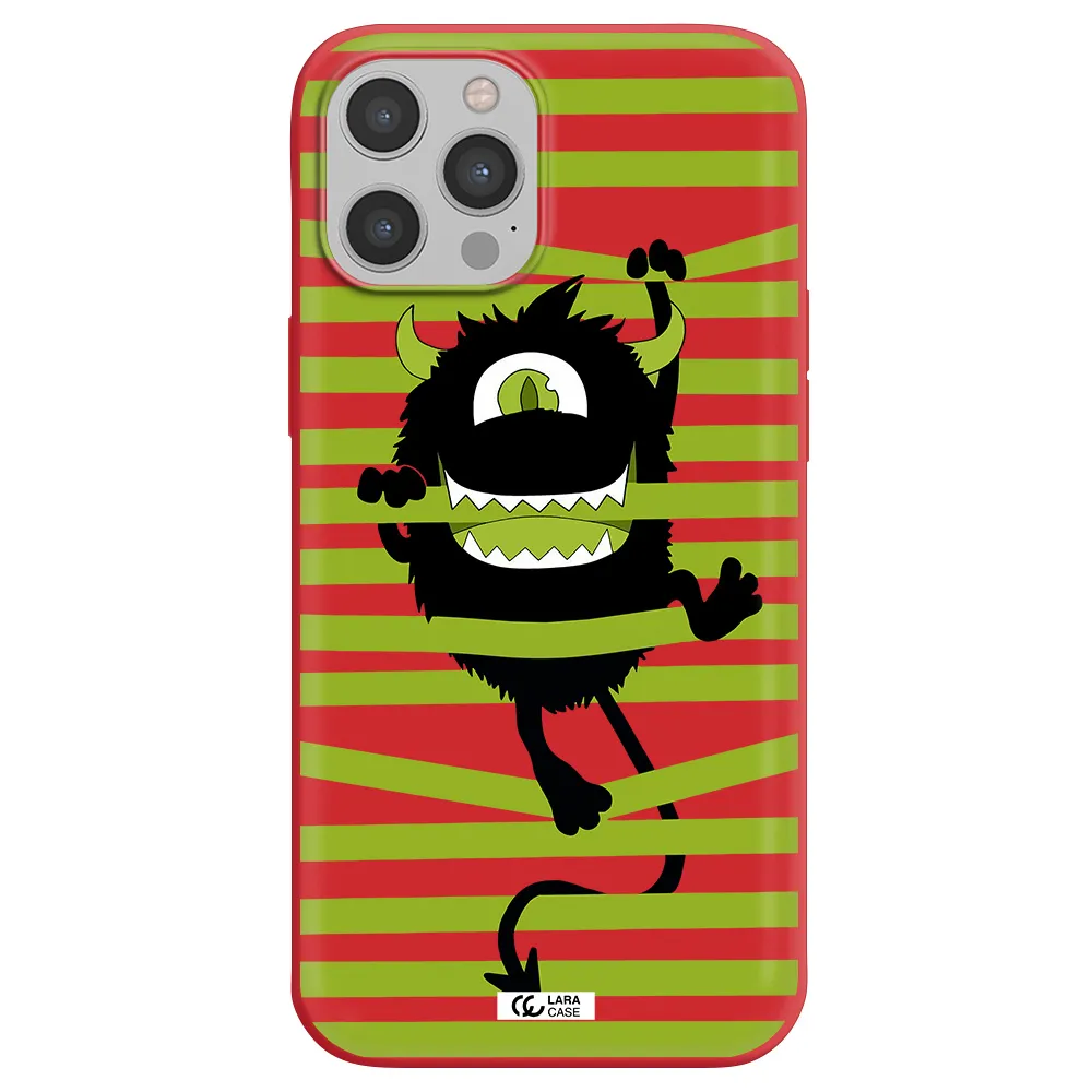 a black monster with horns and green stripes Apple iPhone 12 pro Silicone Imperial Red Case