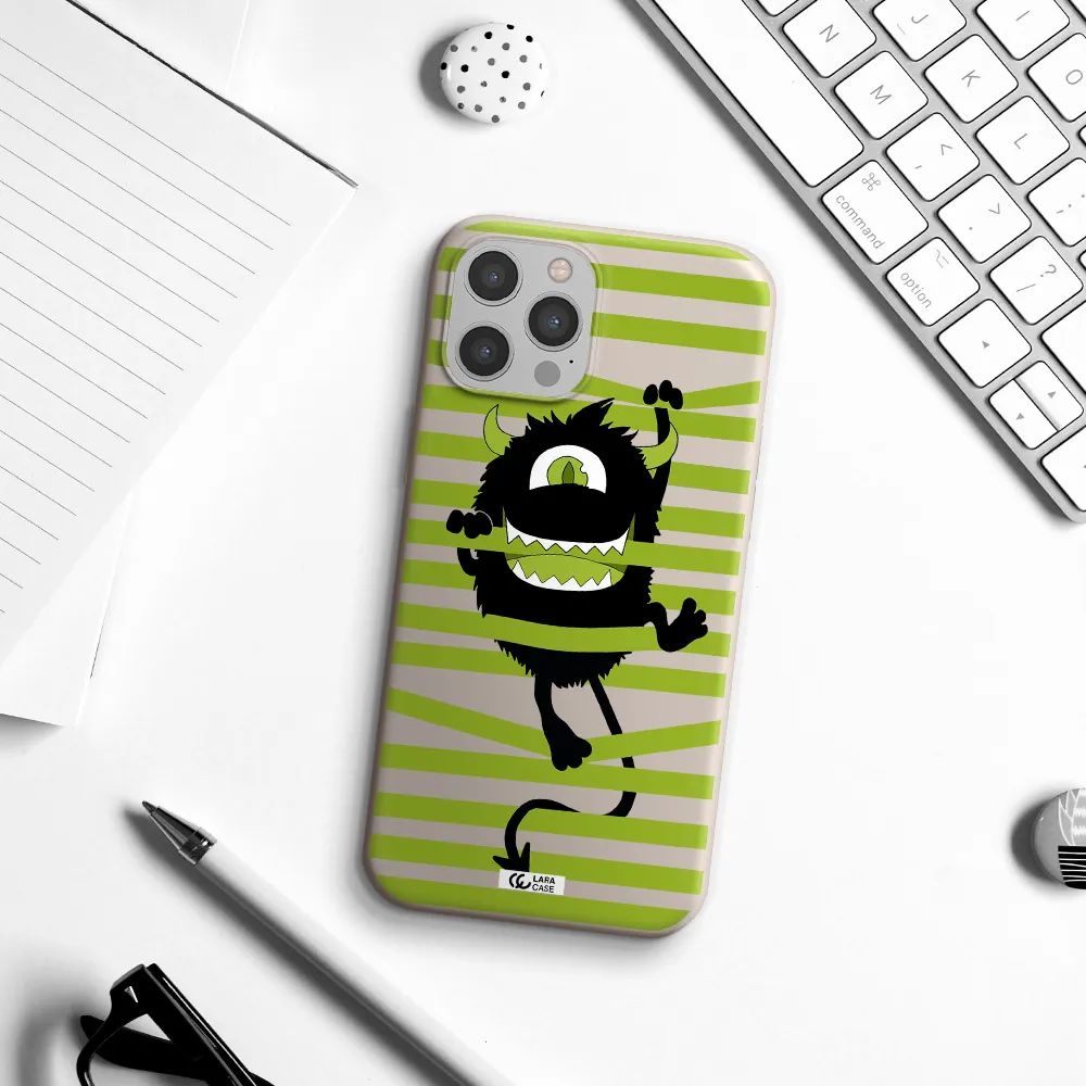 a black monster with horns and green stripes Apple iPhone 12 pro Silicone Stone Case