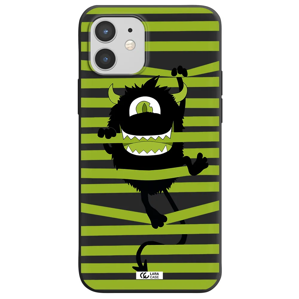 a black monster with horns and green stripes Apple iPhone 12 Silicone black Case