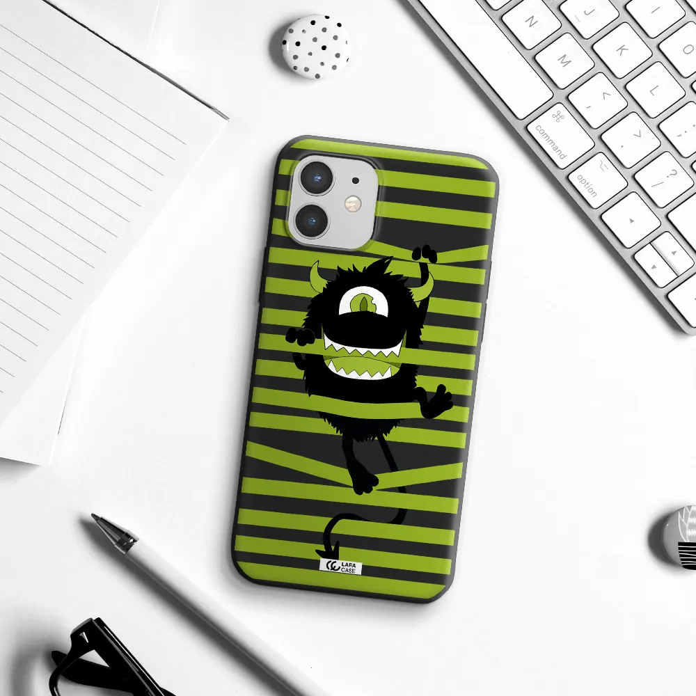 a black monster with horns and green stripes Apple iPhone 12 Silicone black Case
