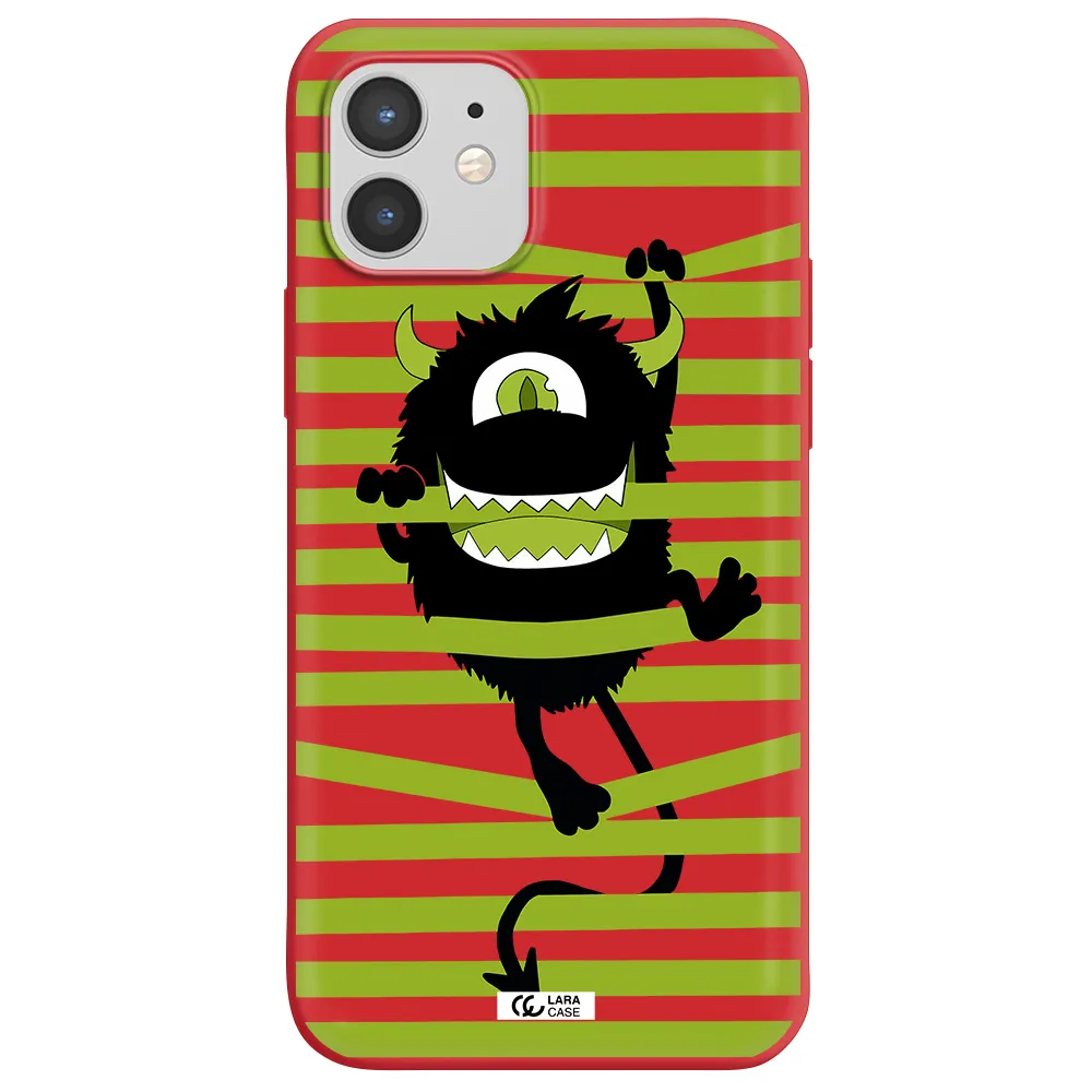 a black monster with horns and green stripes Apple iPhone 12 Silicone Imperial Red Case