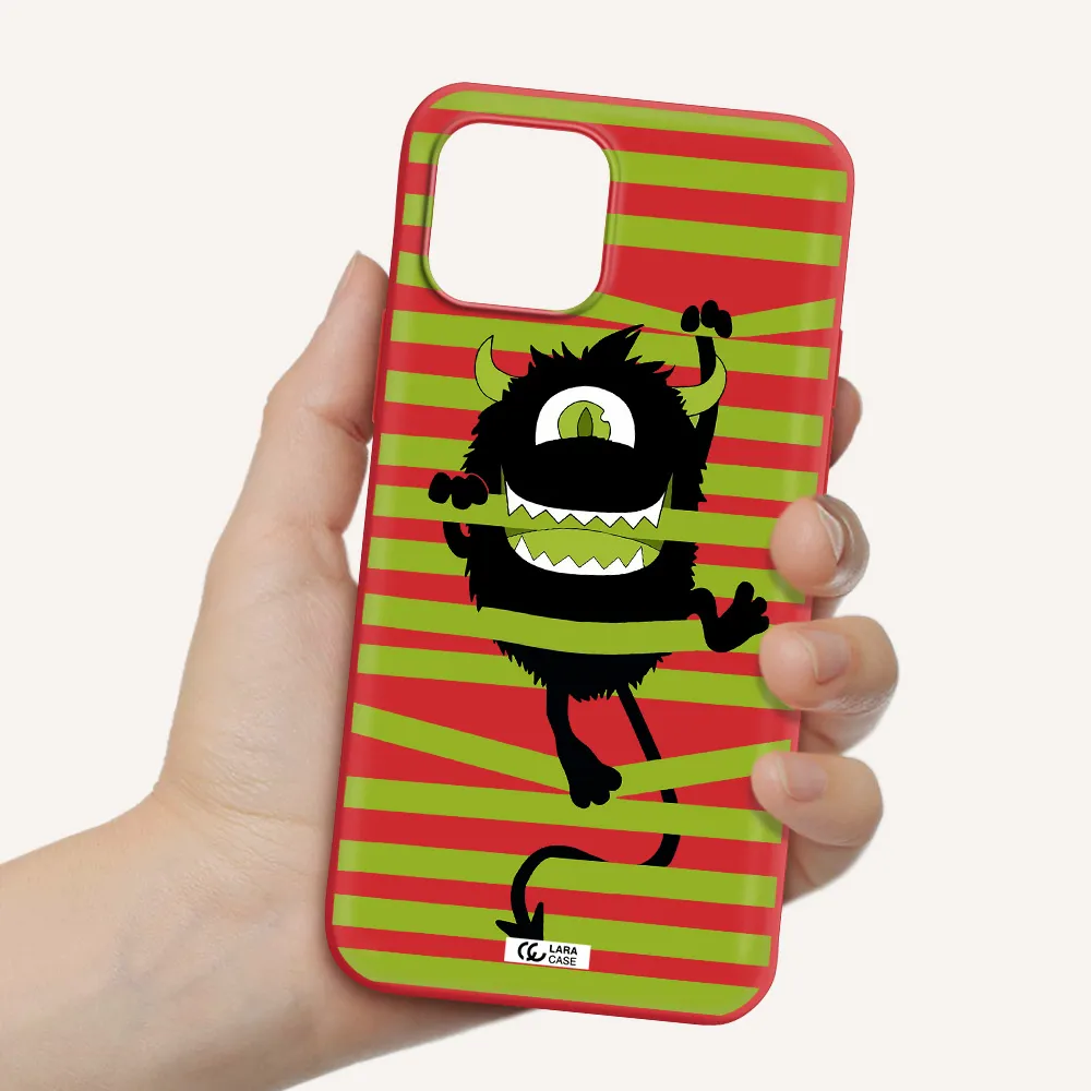 a black monster with horns and green stripes Apple iPhone 12 Silicone Imperial Red Case