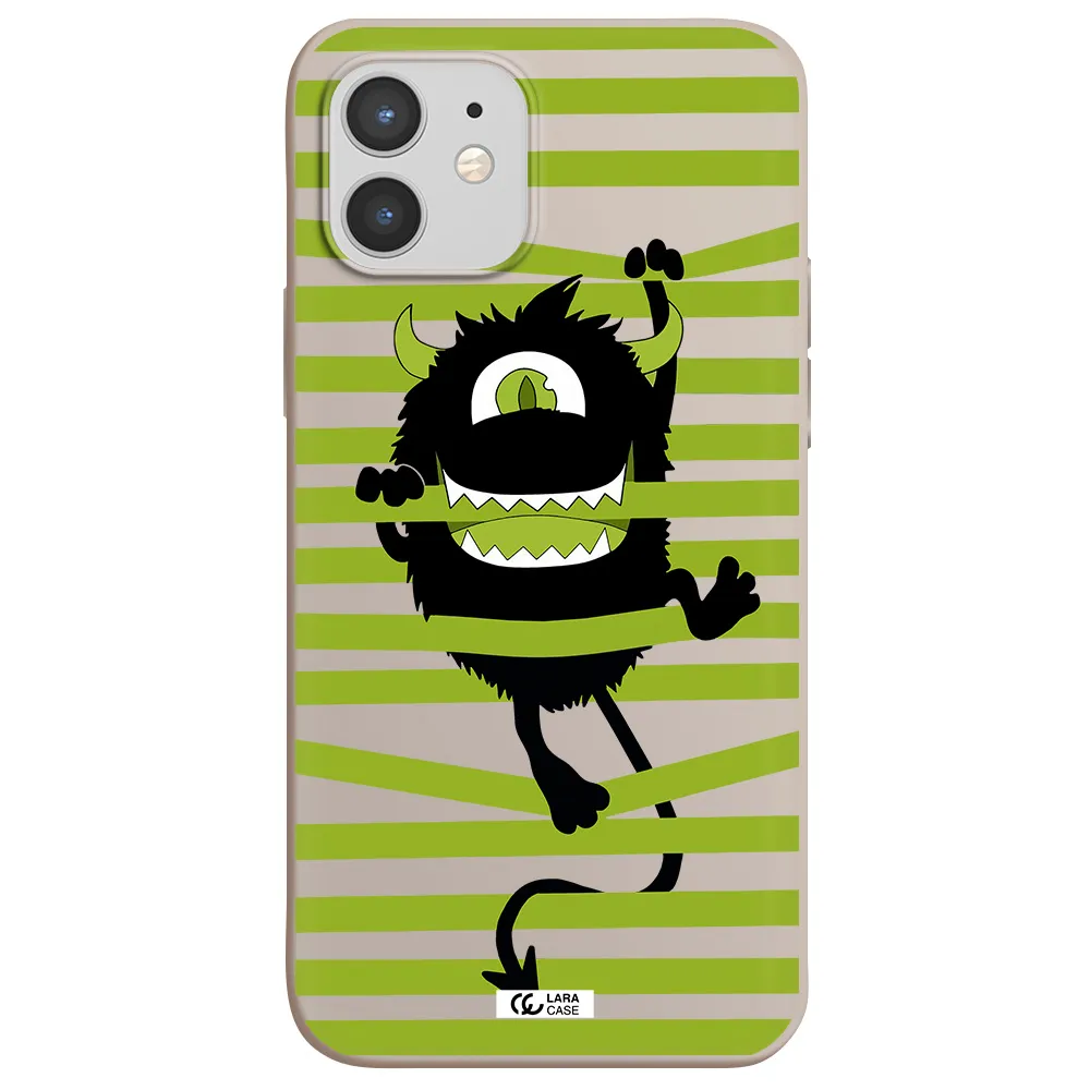 a black monster with horns and green stripes Apple iPhone 12 Silicone Stone Case
