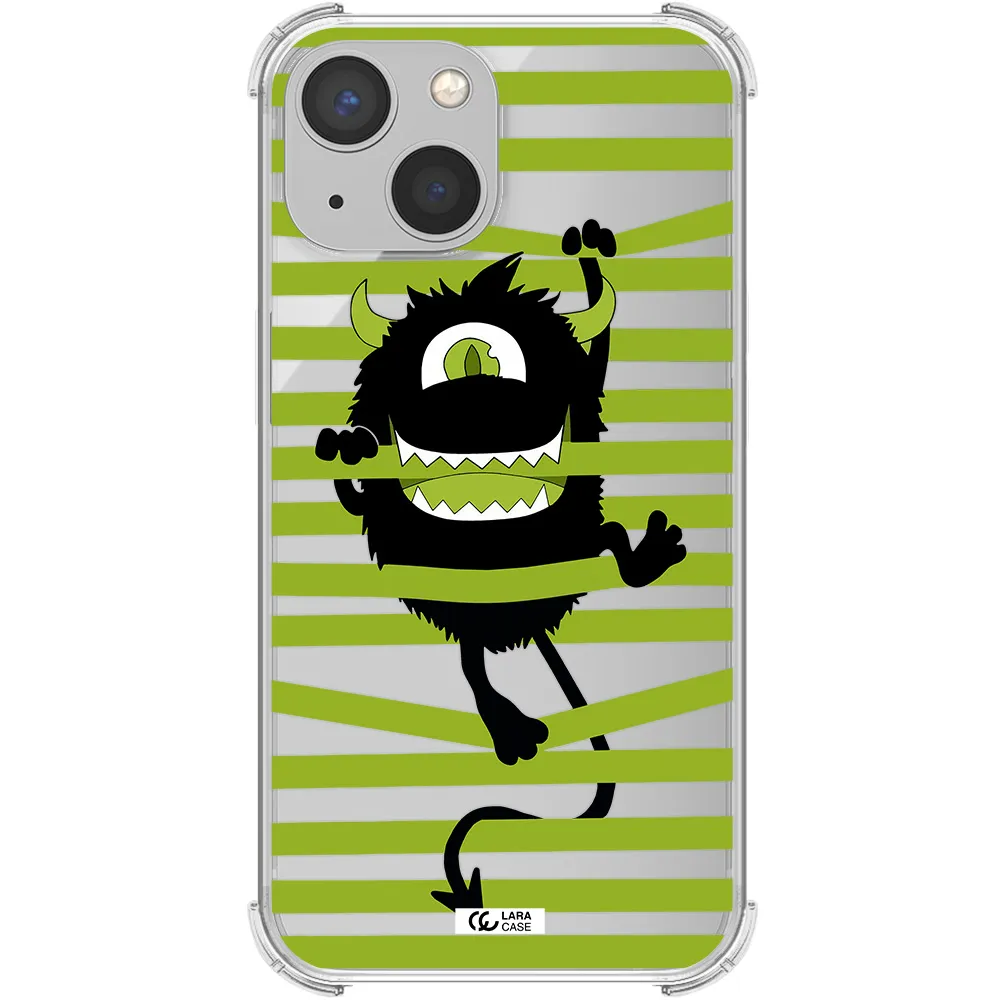 a black monster with horns and green stripes Apple iPhone 13 Clear PC Case