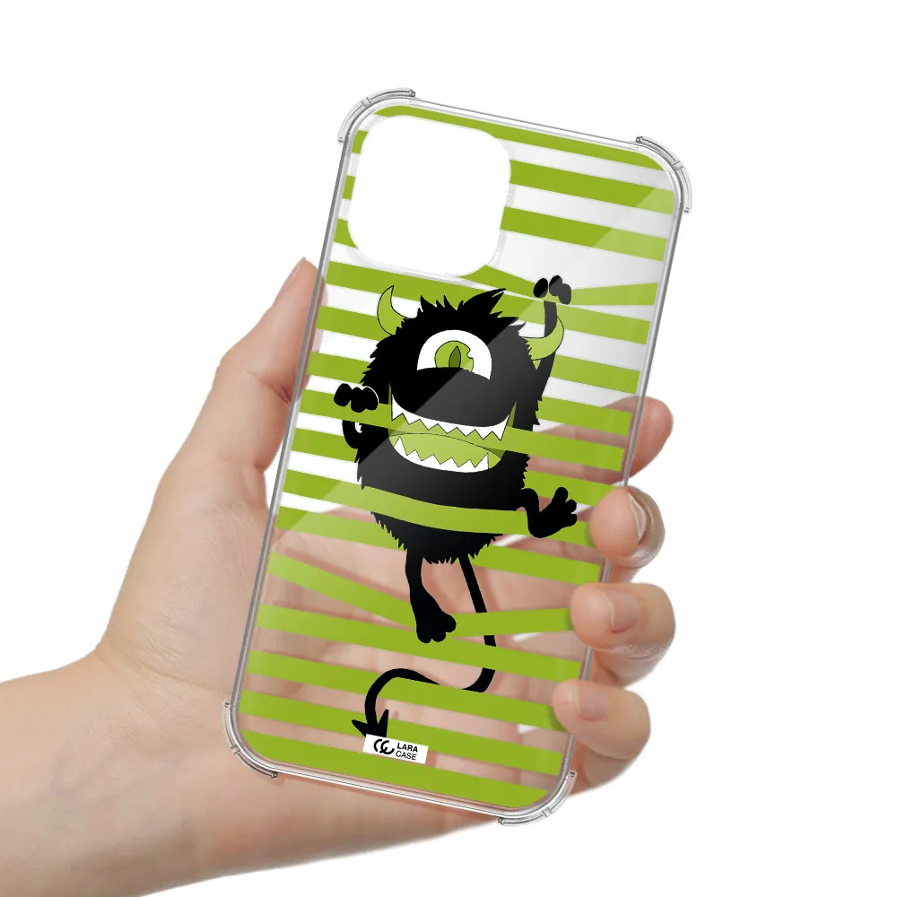 a black monster with horns and green stripes Apple iPhone 13 Clear PC Case