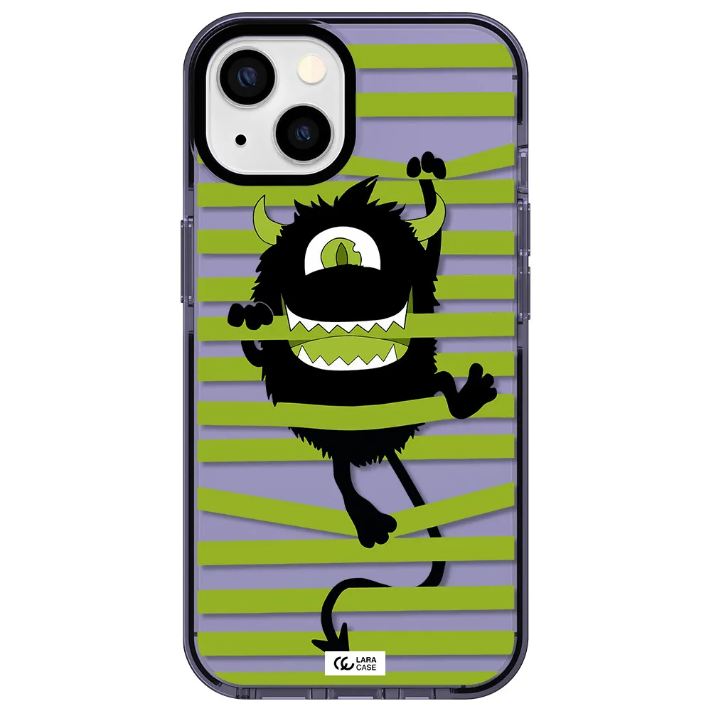 a black monster with horns and green stripes Apple iPhone 13 impact Lilac Case