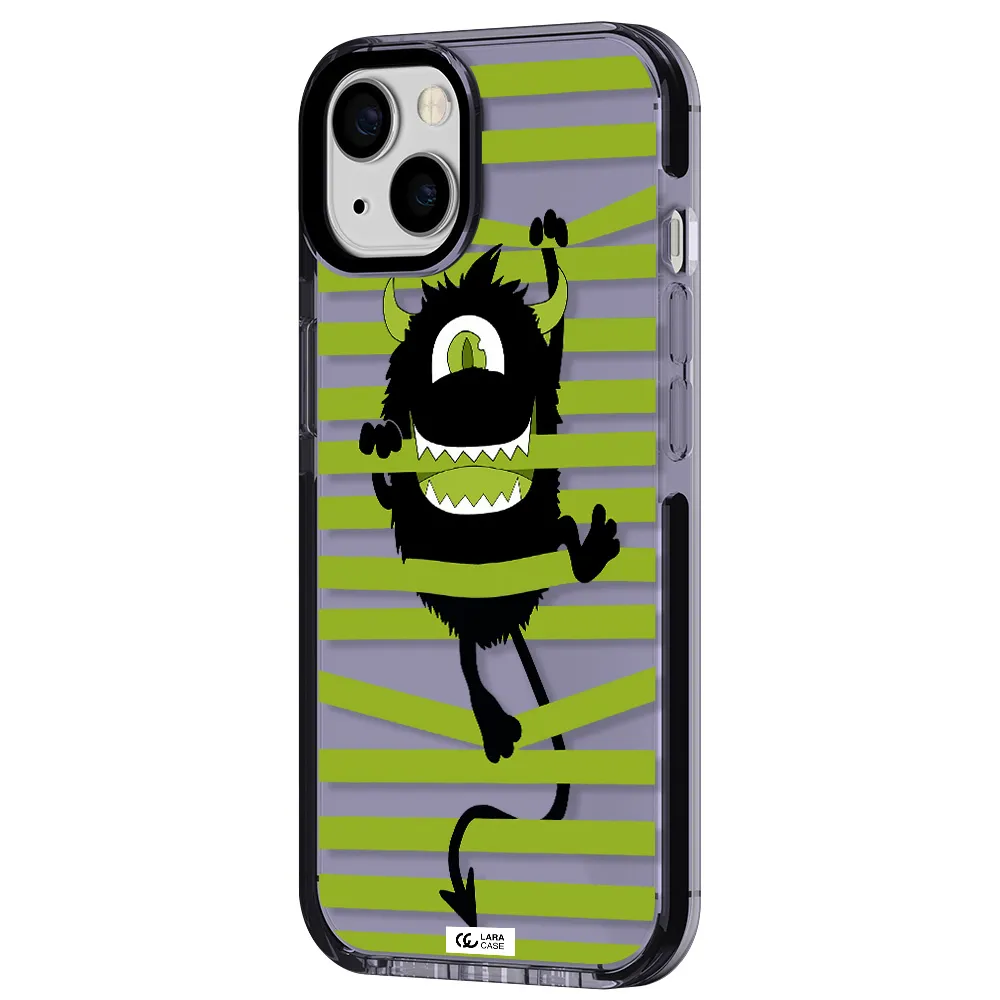 a black monster with horns and green stripes Apple iPhone 13 impact Lilac Case