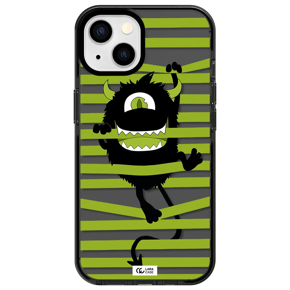 a black monster with horns and green stripes Apple iPhone 13 impact Smoke Black Case