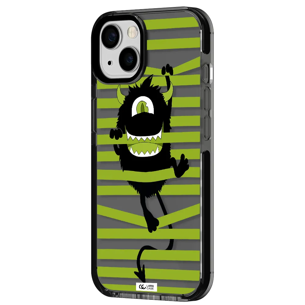 a black monster with horns and green stripes Apple iPhone 13 impact Smoke Black Case