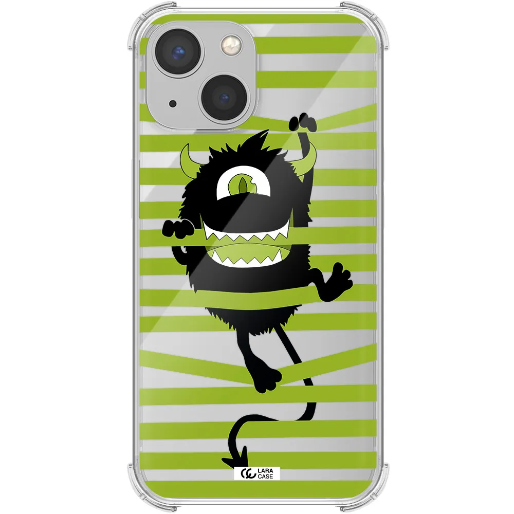 a black monster with horns and green stripes Apple iPhone 13 mini Clear PC Case