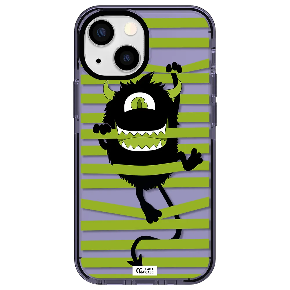 a black monster with horns and green stripes Apple iPhone 13 mini impact Lilac Case