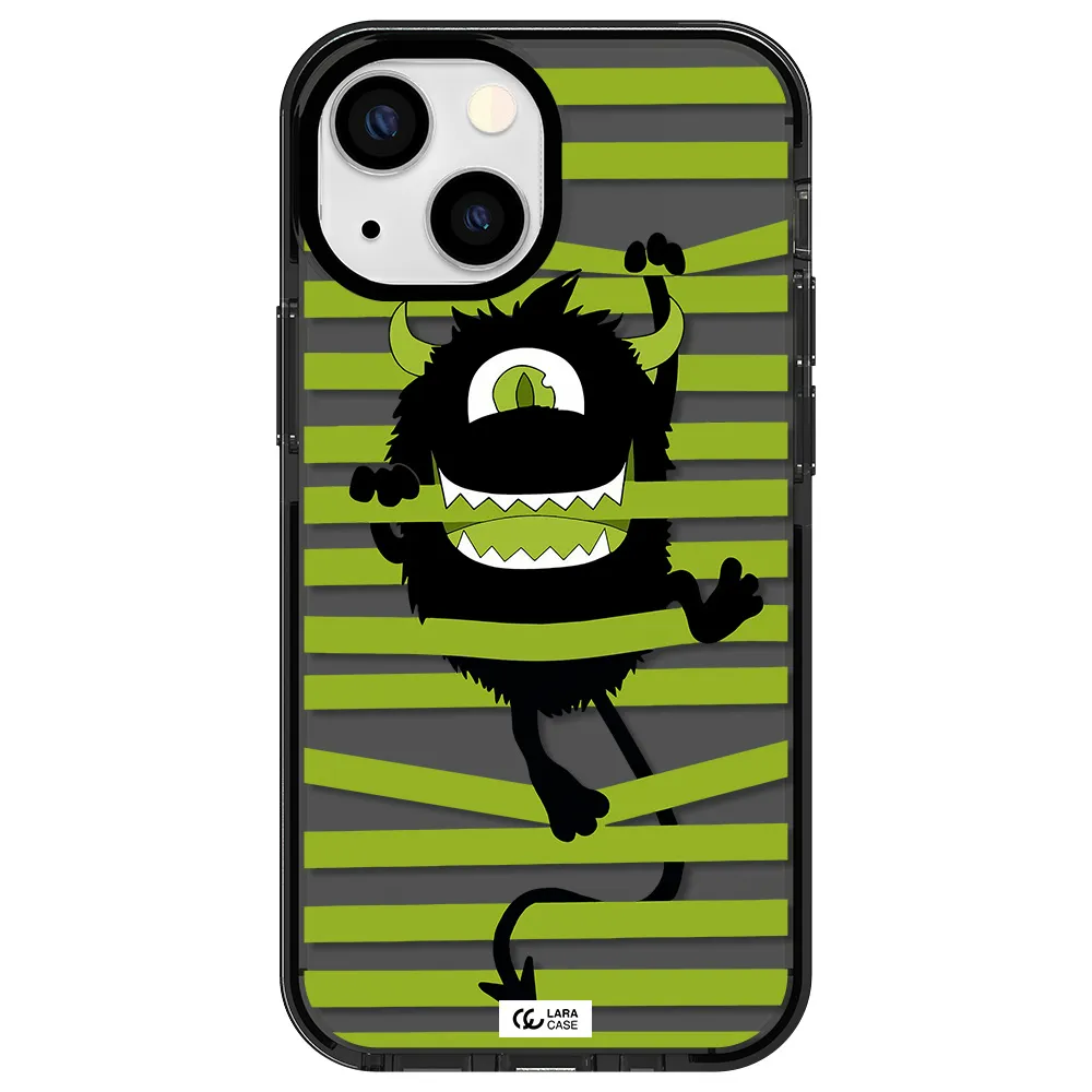 a black monster with horns and green stripes Apple iPhone 13 mini impact Smoke Black Case