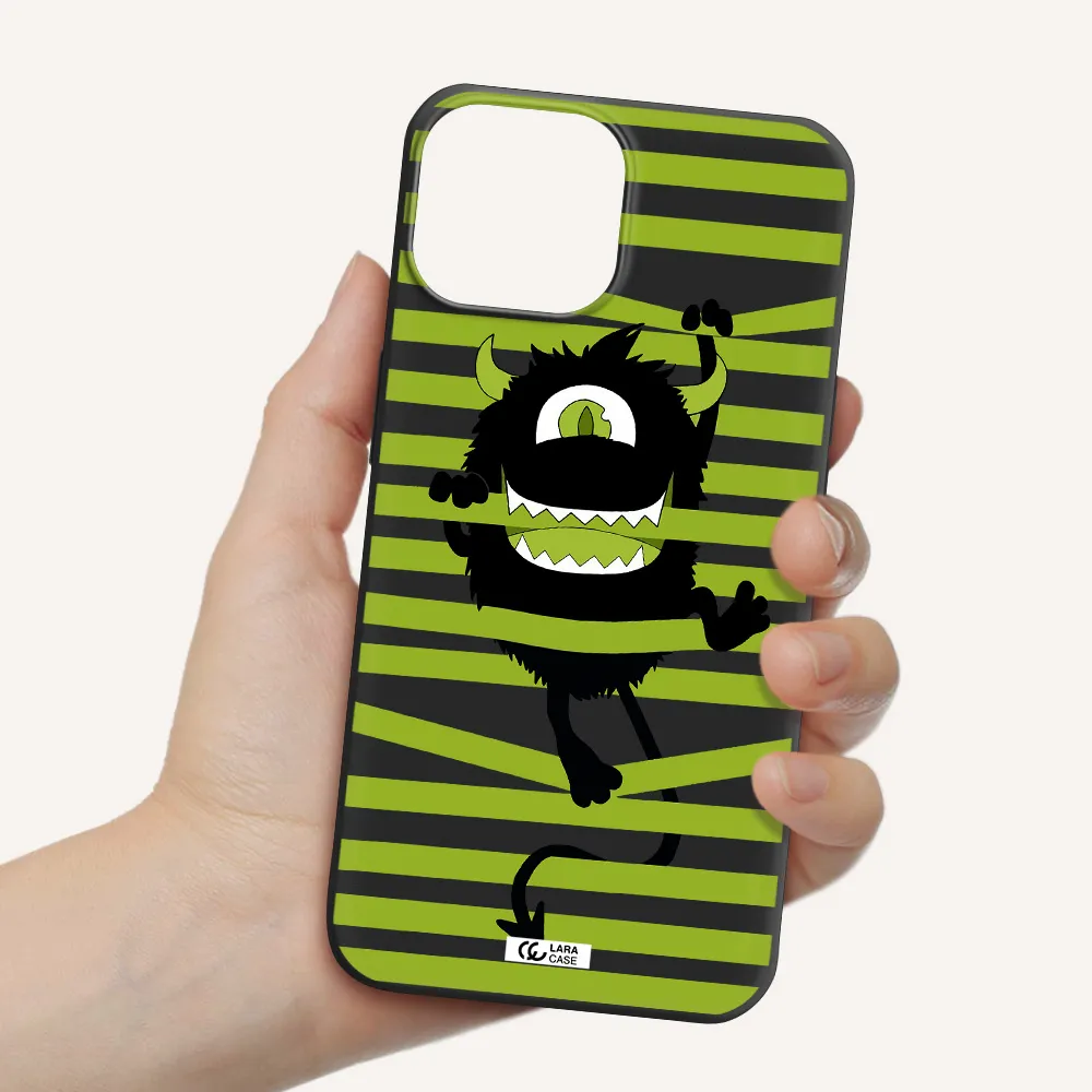 a black monster with horns and green stripes Apple iPhone 13 mini Silicone black Case