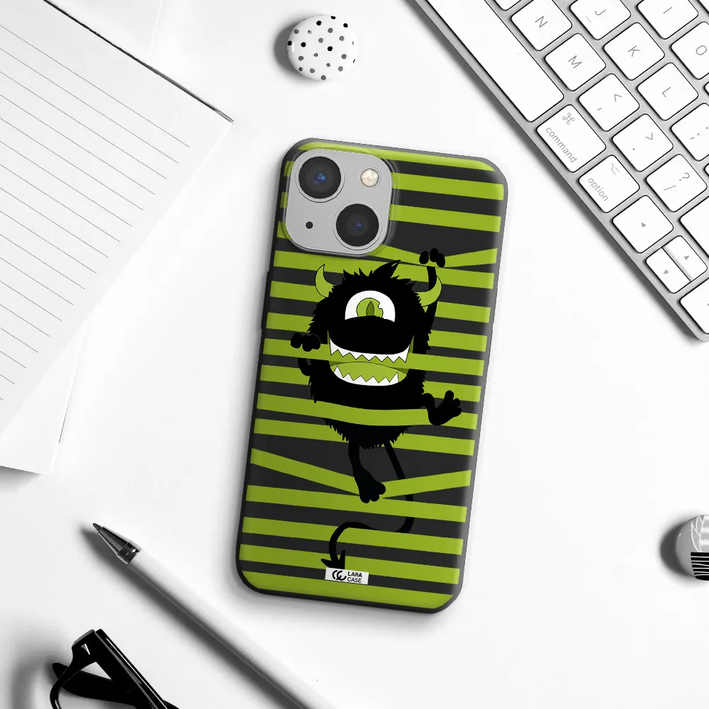 a black monster with horns and green stripes Apple iPhone 13 mini Silicone black Case