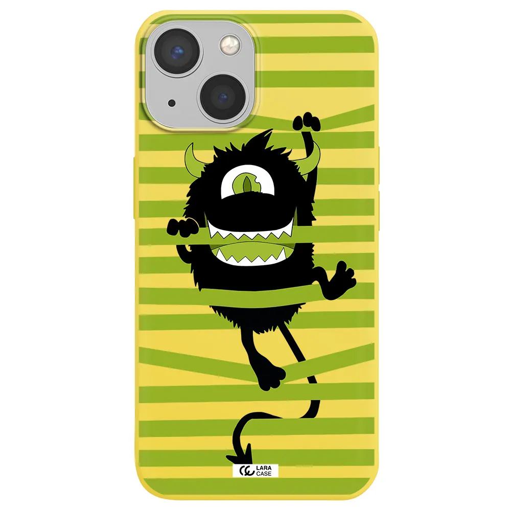 a black monster with horns and green stripes Apple iPhone 13 mini Silicone canary yellow Case