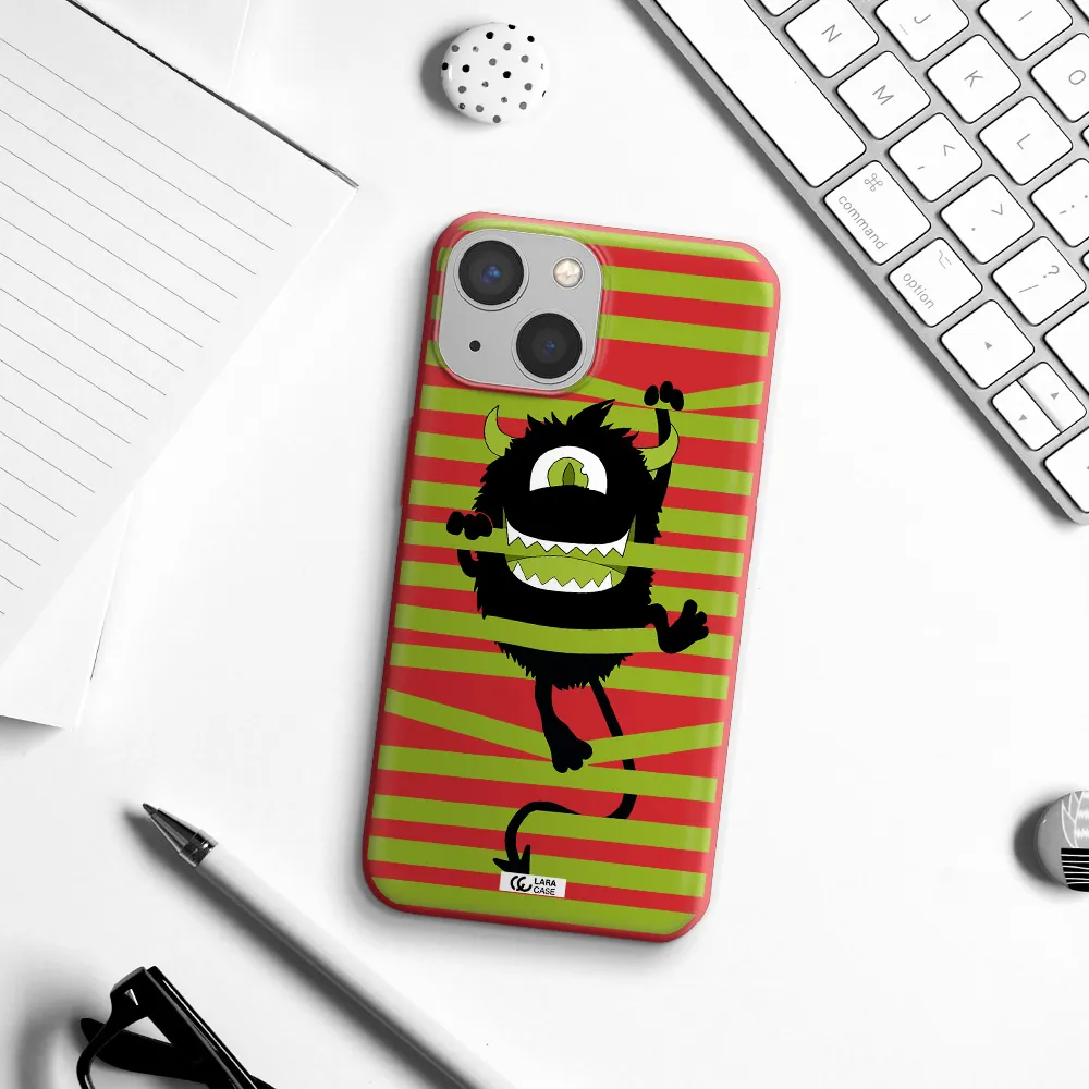 a black monster with horns and green stripes Apple iPhone 13 mini Silicone Imperial Red Case