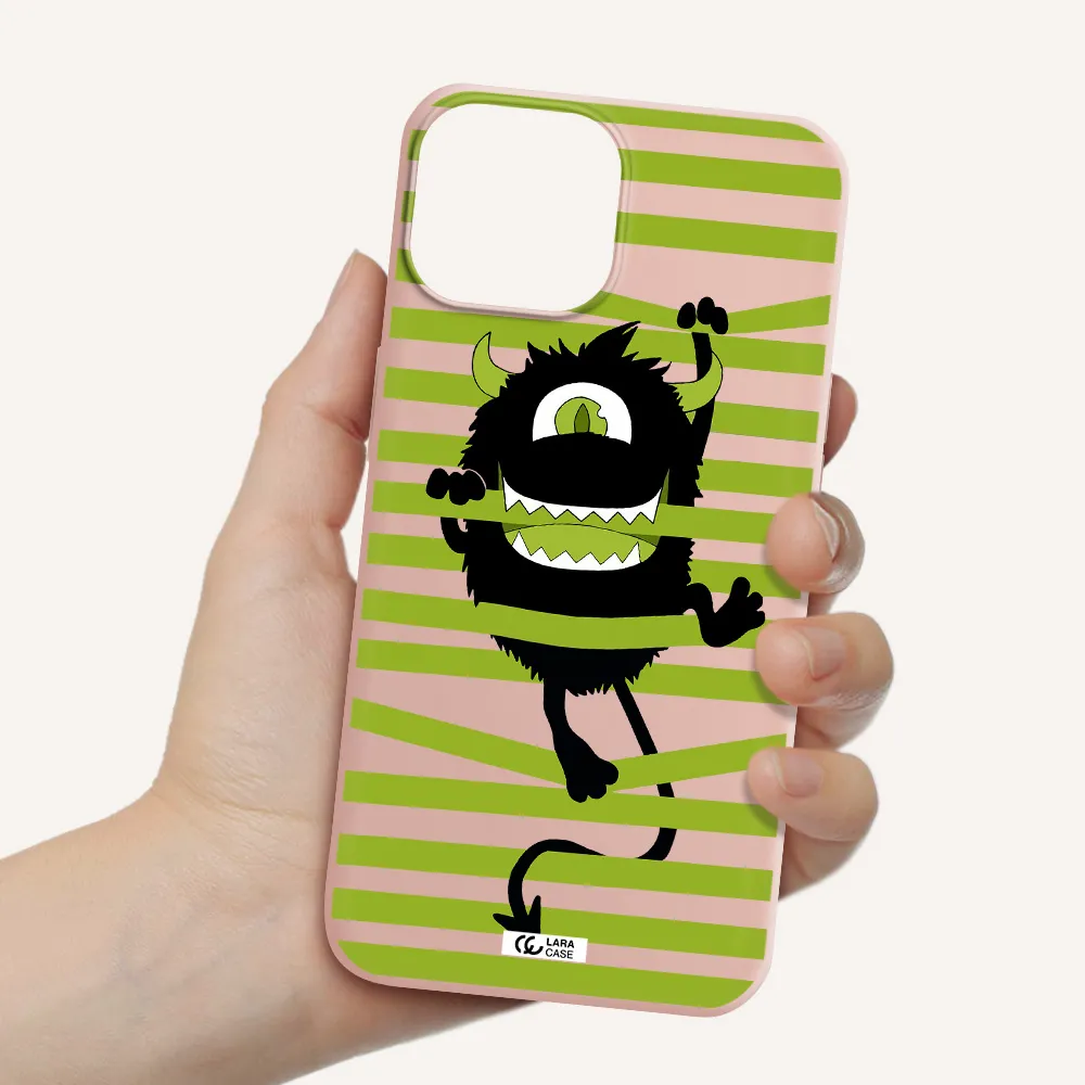 a black monster with horns and green stripes Apple iPhone 13 mini Silicone pastel pink Case