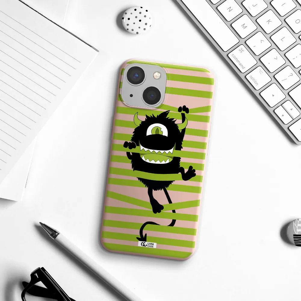 a black monster with horns and green stripes Apple iPhone 13 mini Silicone pastel pink Case