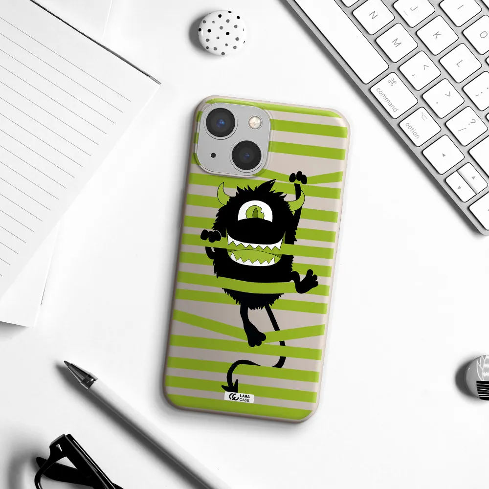 a black monster with horns and green stripes Apple iPhone 13 mini Silicone Stone Case