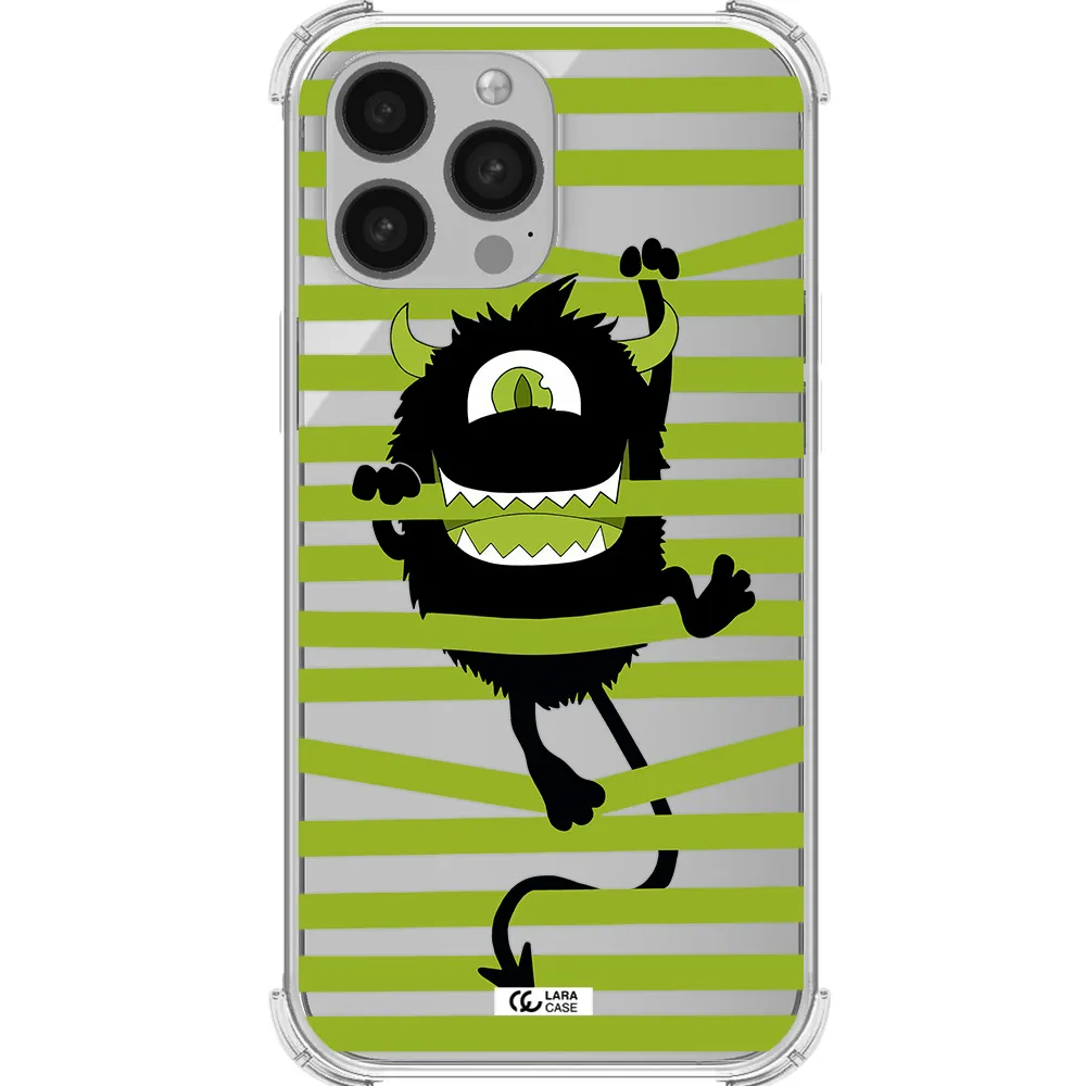 a black monster with horns and green stripes Apple iPhone 13 Pro Clear PC Case