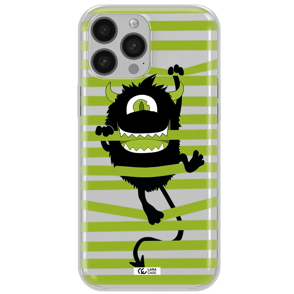 a black monster with horns and green stripes Apple iPhone 13 Pro Clear TPU Case