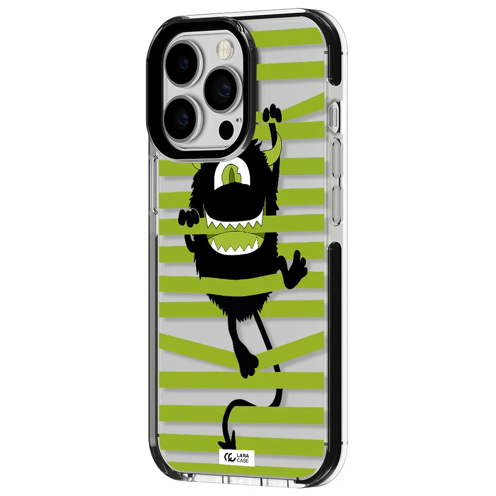 a black monster with horns and green stripes Apple iPhone 13 Pro impact black border Case