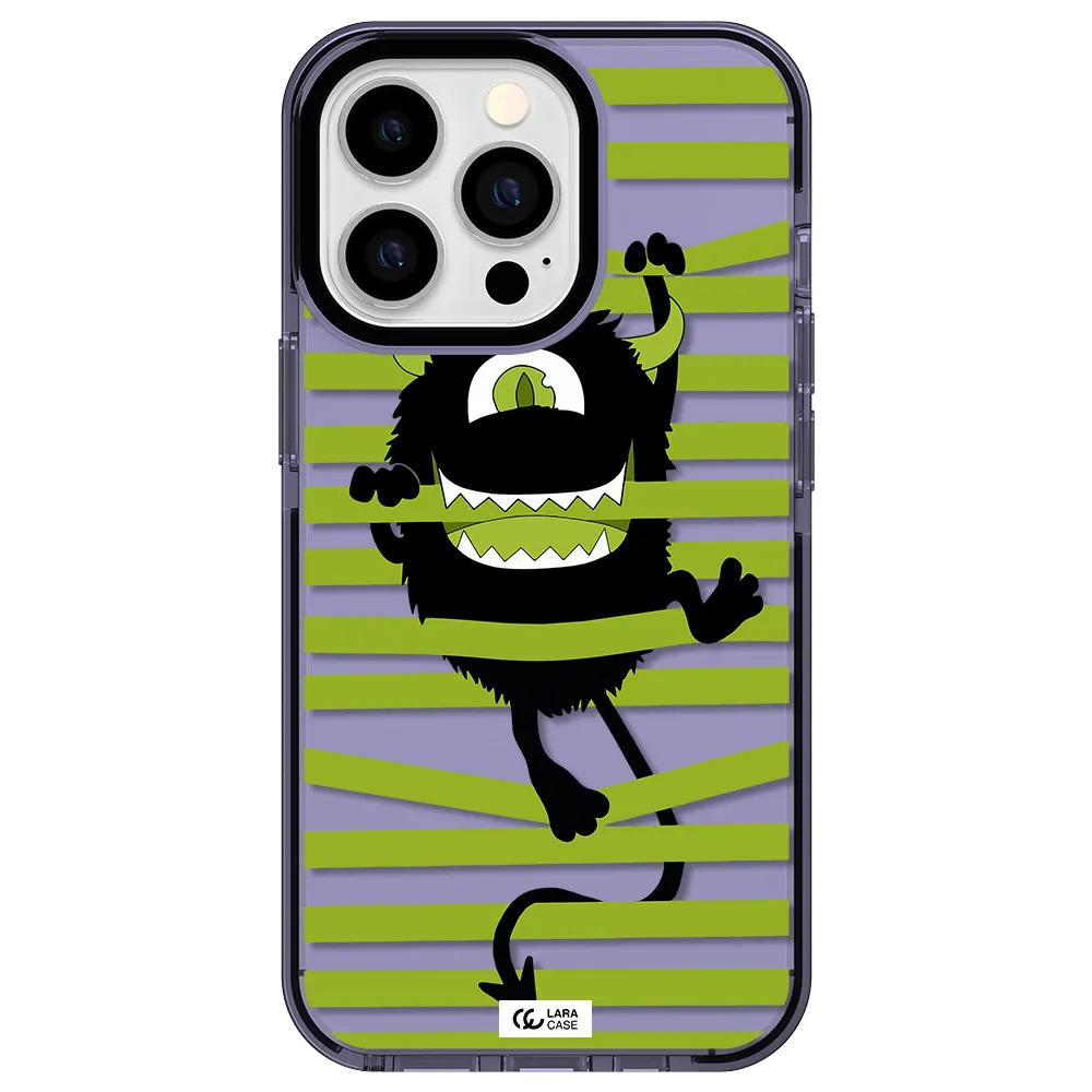 a black monster with horns and green stripes Apple iPhone 13 Pro impact Lilac Case