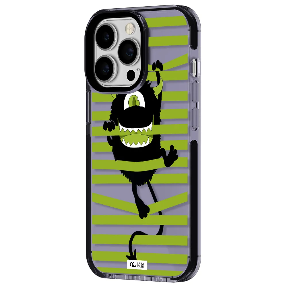 a black monster with horns and green stripes Apple iPhone 13 Pro impact Lilac Case