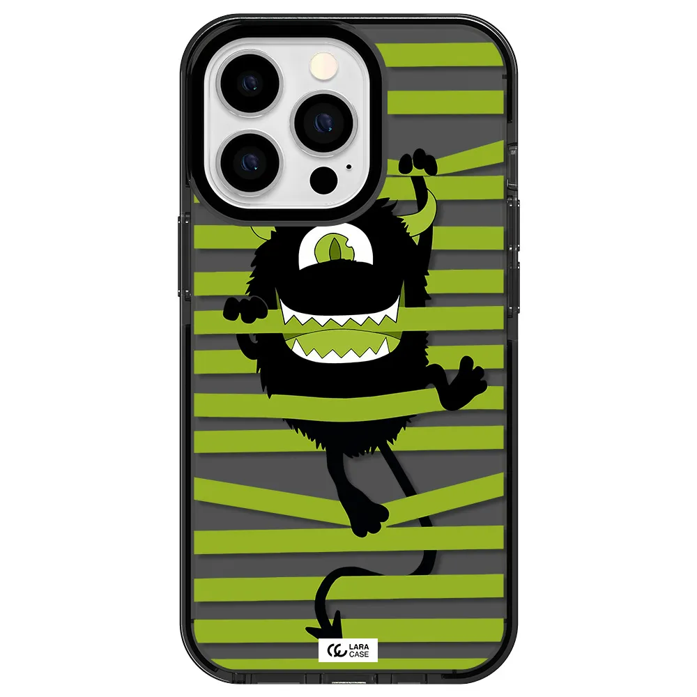 a black monster with horns and green stripes Apple iPhone 13 Pro impact Smoke Black Case