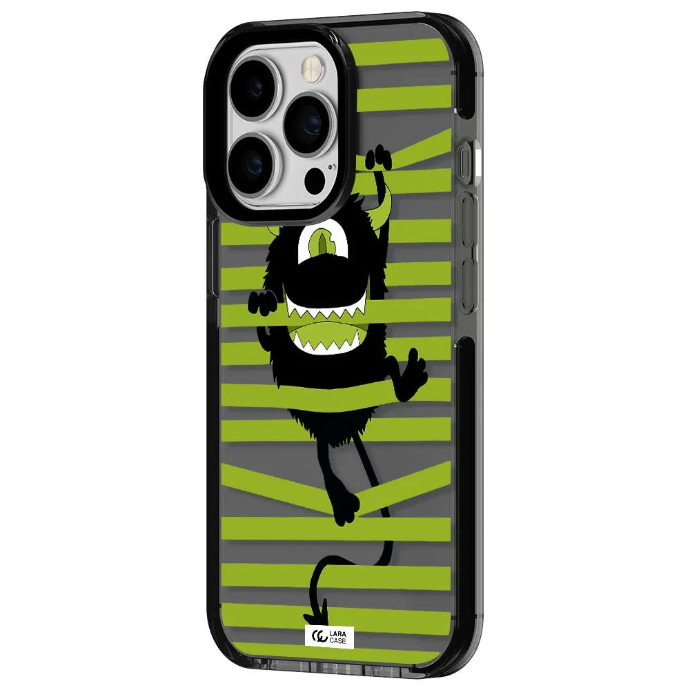 a black monster with horns and green stripes Apple iPhone 13 Pro impact Smoke Black Case