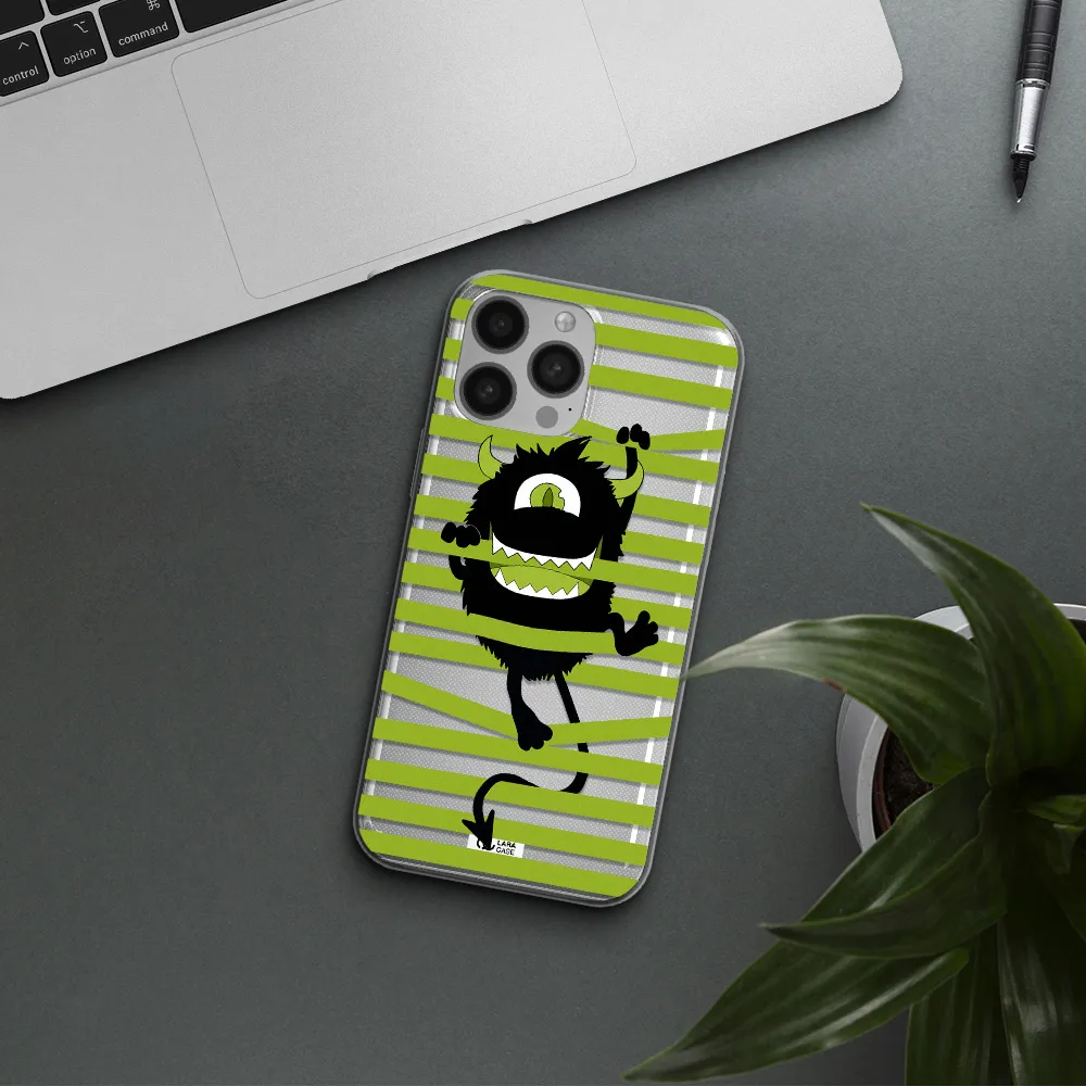 a black monster with horns and green stripes Apple iPhone 13 Pro Max Clear TPU Case