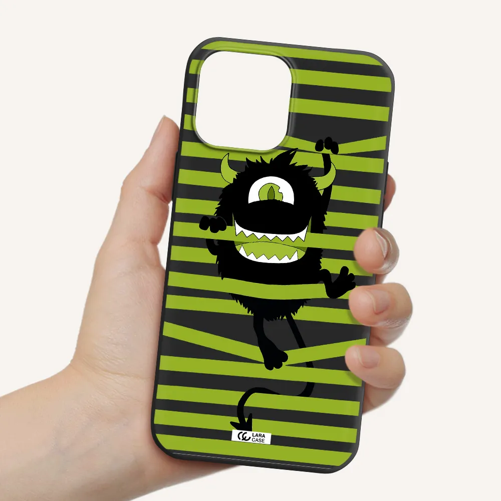 a black monster with horns and green stripes Apple iPhone 13 Pro Max Silicone black Case