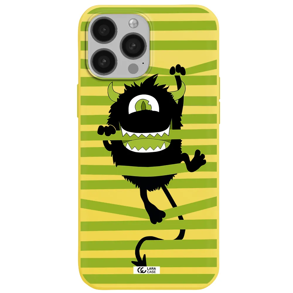a black monster with horns and green stripes Apple iPhone 13 Pro Max Silicone canary yellow Case