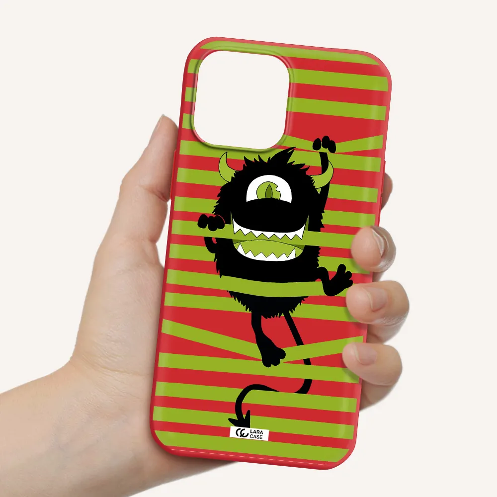 a black monster with horns and green stripes Apple iPhone 13 Pro Max Silicone Imperial Red Case