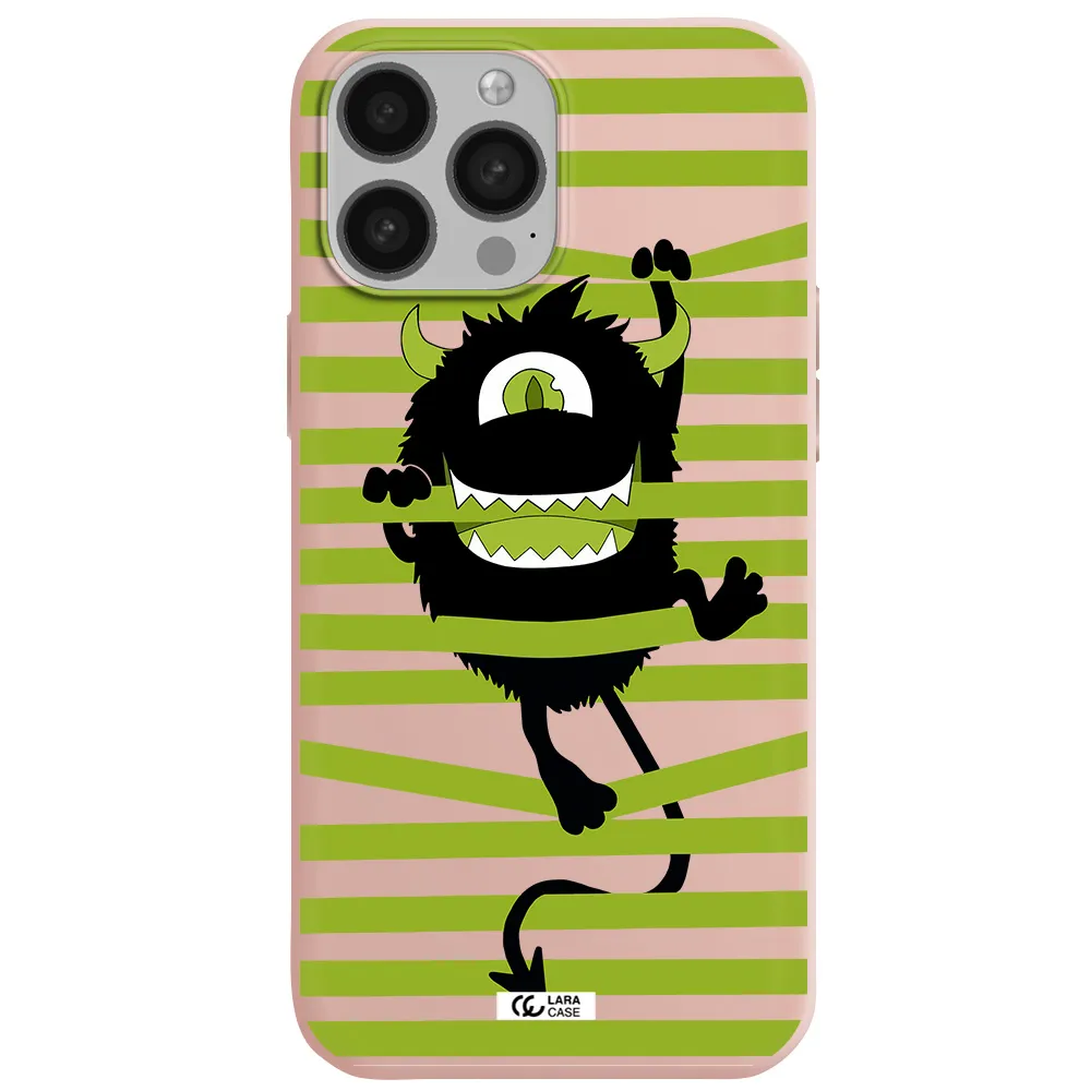 a black monster with horns and green stripes Apple iPhone 13 Pro Max Silicone pastel pink Case