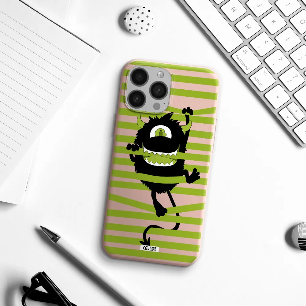 a black monster with horns and green stripes Apple iPhone 13 Pro Max Silicone pastel pink Case
