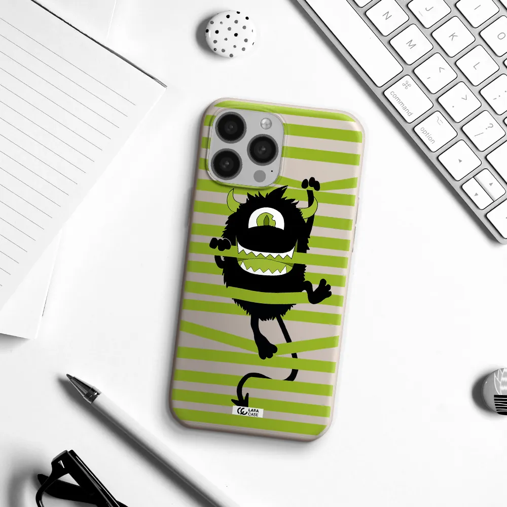 a black monster with horns and green stripes Apple iPhone 13 Pro Max Silicone Stone Case