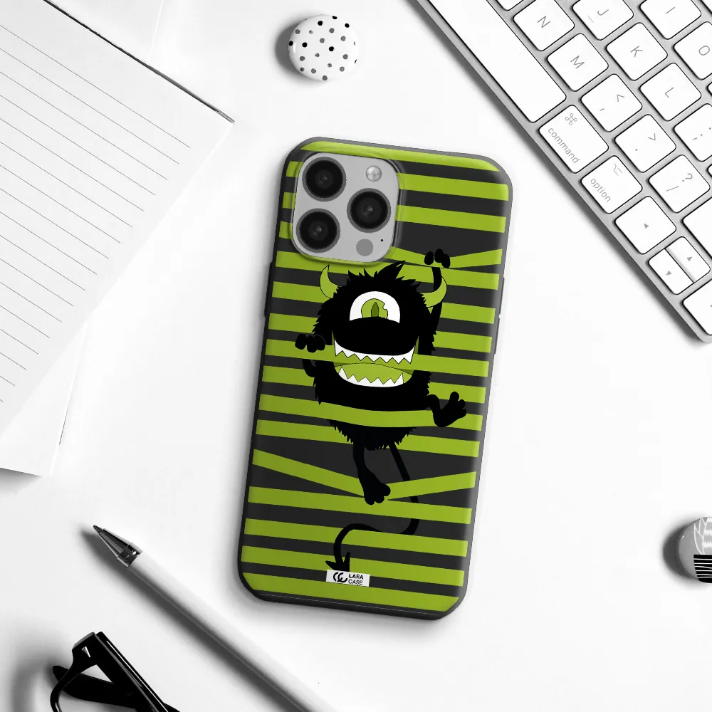 a black monster with horns and green stripes Apple iPhone 13 Pro Silicone black Case