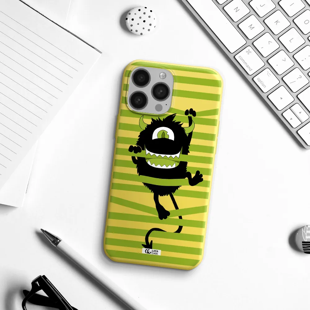 a black monster with horns and green stripes Apple iPhone 13 Pro Silicone canary yellow Case